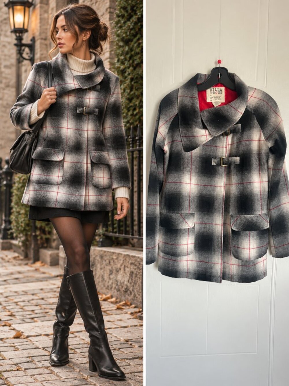Billabong Gray Black Red Plaid Wool Blend Buckle Coat Dark Academia S